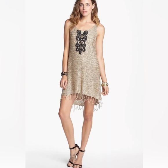 Free People Golden Sands Fringed Gold Crochet Dress Sequins - MED - Picture 1 of 7